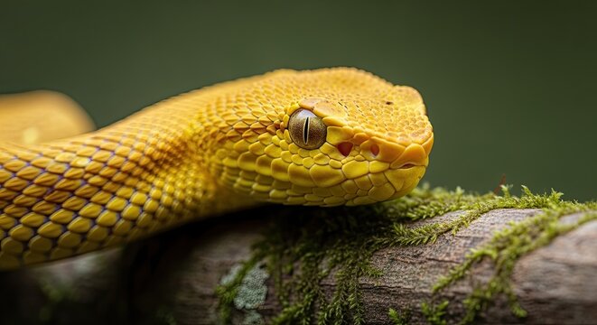 Golden Lancehead Viper Close-up on Mossy Branch
