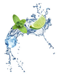 Refreshing Splash of Water With Lime, Mint Leaves, and Ice Cubes