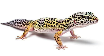 Fototapeta premium Leopard gecko with striking black spots and yellow hues, isolated on white