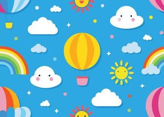Fototapeta premium Whimsical seamless pattern featuring hot air balloons floating among fluffy clouds