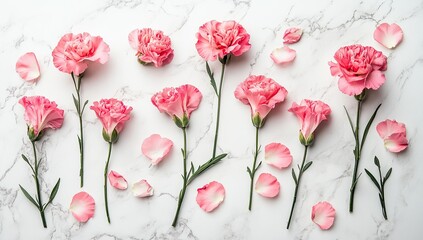 Photo of pink carnations and petals on a white marble background, top view with copy space for text.