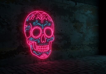어둠 속 핑크빛 해골 네온사인 벽면 장식