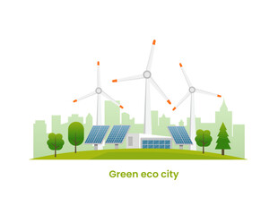 An eco friendly city illustration with wind turbines and solar panels, surrounded by trees and green buildings, promoting renewable energy and sustainability