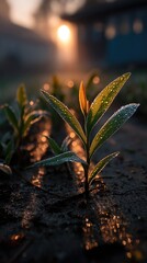 Young Plant in Golden Sunrise Light