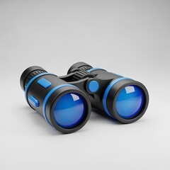 Modern Black and Blue Binoculars on a White Background, Perspective View