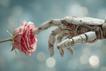 Robot hand delicately touches pink rose petals on blue bokeh background. Artificial intelligence, machine learning and cognition concept. Digital illustration for poster