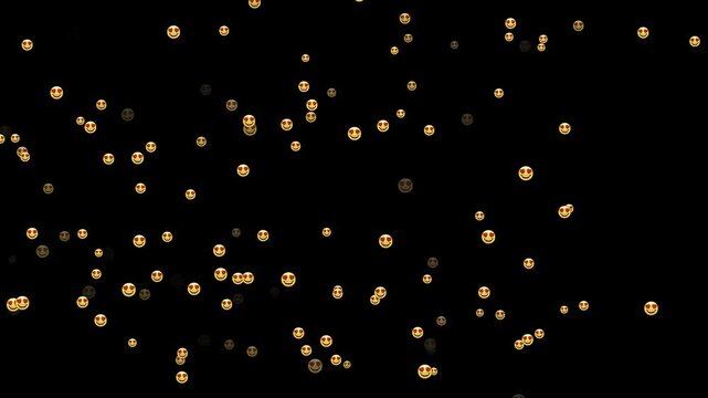 Smiling love faces moving laterally across dark space