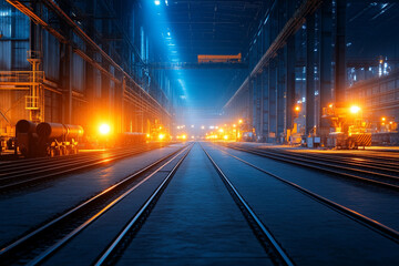 Fototapeta premium Warehouse filled with stacked steel pipes under warehouse lights