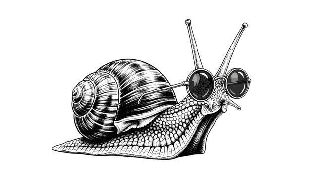 An intricate black and white illustration of a snail wearing retro sunglasses