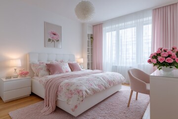 Stilvolles Schlafzimmer in Weiß und Rosa mit floraler Bettwäsche und femininer Einrichtung