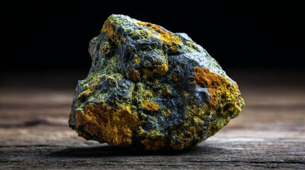 A sample of uranium sits on a wooden table, isolated against a black background.