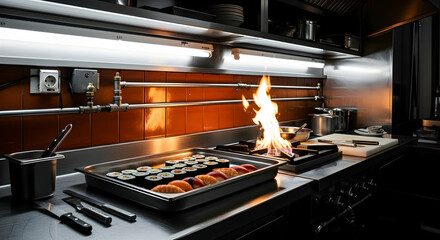 Sushi Preparation In A Professional Restaurant Kitchen Under Flame And Lights