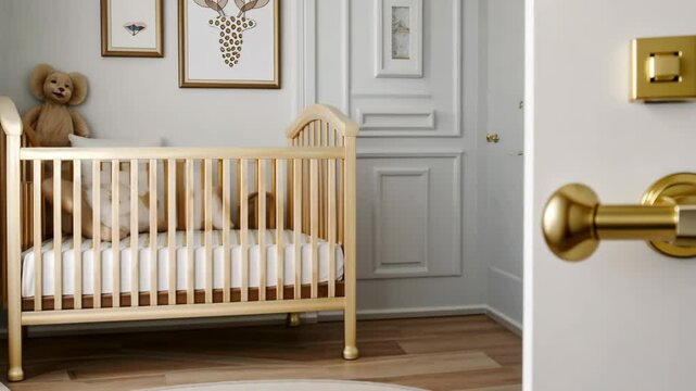A beautifully designed nursery featuring a stylish door handle and matching light switch near a cozy crib and soft decor accents