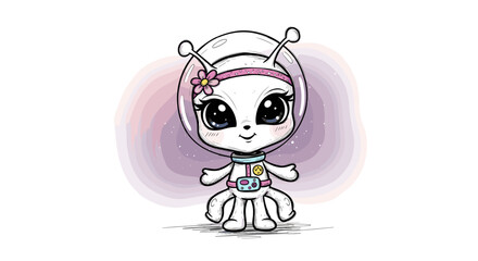 Charming Cartoon Alien Girl Astronaut with Flower Headband in Space Illustration