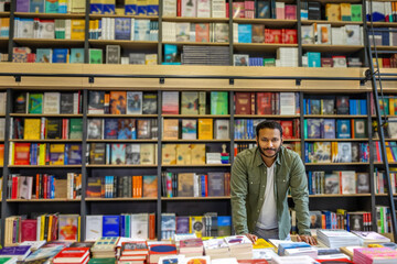 Man in jacket standing in book shop with books on shelves