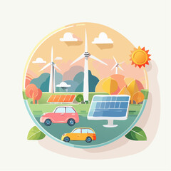 Wind turbines solar panels two cars and stylized natural features