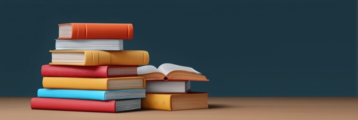 Obraz na płótnie Canvas Stack of colorful books and open book on wooden table against blue background