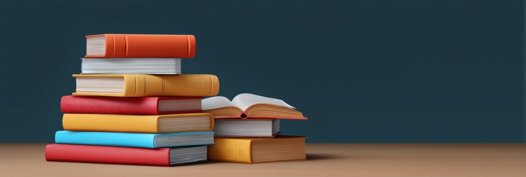 Stack of colorful books and open book on wooden table against blue background
