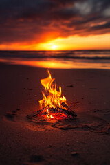 Solitary bonfires flames dance under a deep orange sunset sky casting long shadows on sand