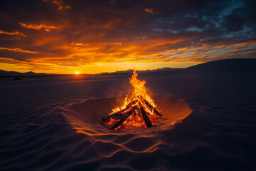 Solitary bonfires flames dance under a deep orange sunset sky casting long shadows on sand