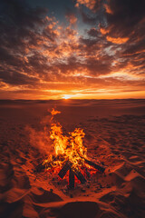 Solitary bonfires flames dance under a deep orange sunset sky casting long shadows on sand
