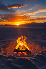 Solitary bonfires flames dance under a deep orange sunset sky casting long shadows on sand