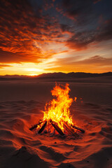 Solitary bonfires flames dance under a deep orange sunset sky casting long shadows on sand