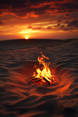Solitary bonfires flames dance under a deep orange sunset sky casting long shadows on sand