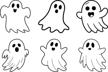 Cute Ghost Line Art Collection – Halloween Cartoon Spirit Vector Set