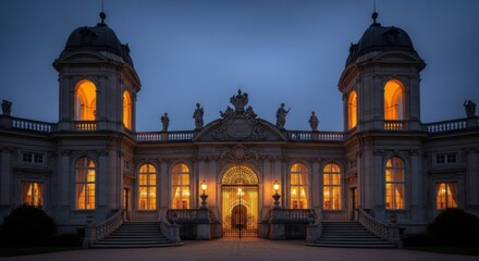 Magnificent Baroque Palace Illuminated at Dusk with Grand Entrance and Ornate Architectural Details