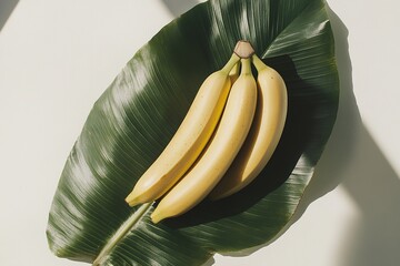 Photo of bananas on a white background with a banana leaf, top view, with copy space.