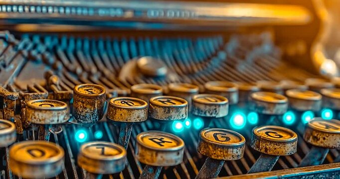 Close-up of antique typewriter keys with glowing turquoise lights, vintage aesthetic.