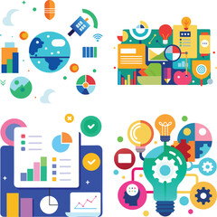 Vector art of colorful vector illustrations of business concepts, data analysis, and teamwork