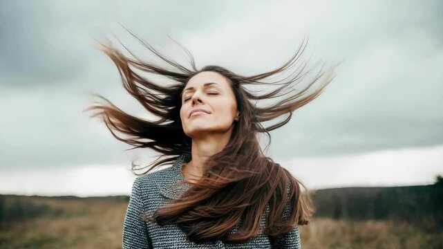 Woman with windswept hair enjoying outdoors in windy weather
