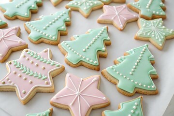 Decorative Christmas Cookies in Star and Tree Shapes on White Background

