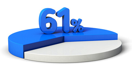 61% blue and white pie chart isolated on transparent background. 3d illustration.