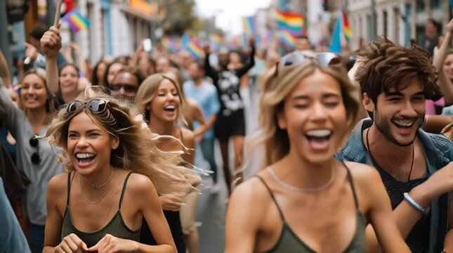 Pride Parade Joy: A vibrant crowd of joyful people celebrate diversity and inclusivity at a pride parade, radiating happiness and unity.