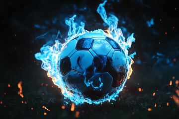 A flaming soccer ball surrounded by blue and orange flames on a dark, grassy field