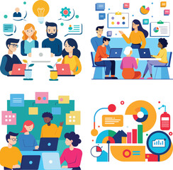 Vector art of vector illustrations of business teams collaborating and analyzing data