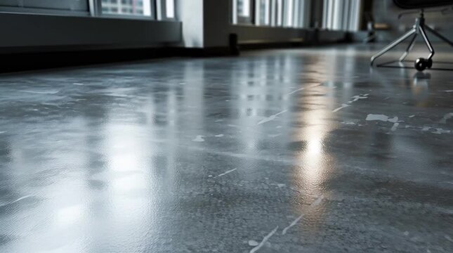 Reflective Concrete Floor: A close-up perspective of a sleek, polished concrete floor, capturing the interplay of light and shadow. The surface glistens.