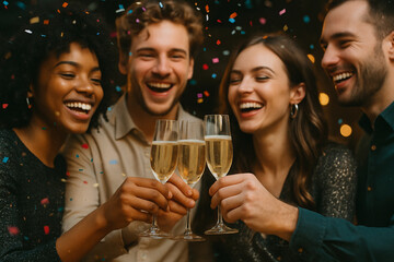 Fototapeta premium Group Toasting with Champagne and Confetti