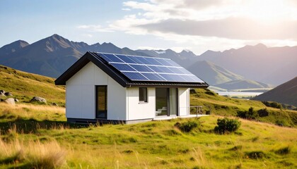 Fototapeta premium Modern Eco-Friendly Small House With Solar Panels In A Beautiful Green Mountain Landscape On A Sunny Day