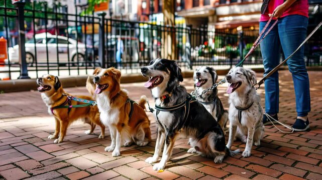 Dog walker leading group of happy dogs through city park, all sitting obediently on leash