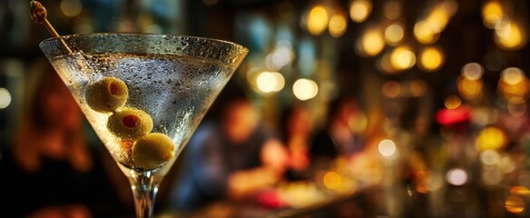 The sophisticated martini garnished with olives in a stylish bar setting.