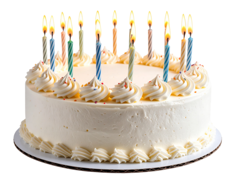 Birthday cake with candles, transparent background.