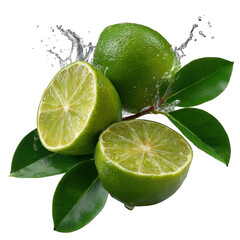 Fresh limes with water splash isolated on transparent background