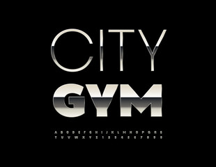 Vector Steel Emblem City Gym. Fashion Metallic Font. Trendy Silver Digital Alphabet Letters and Numbers set. 
