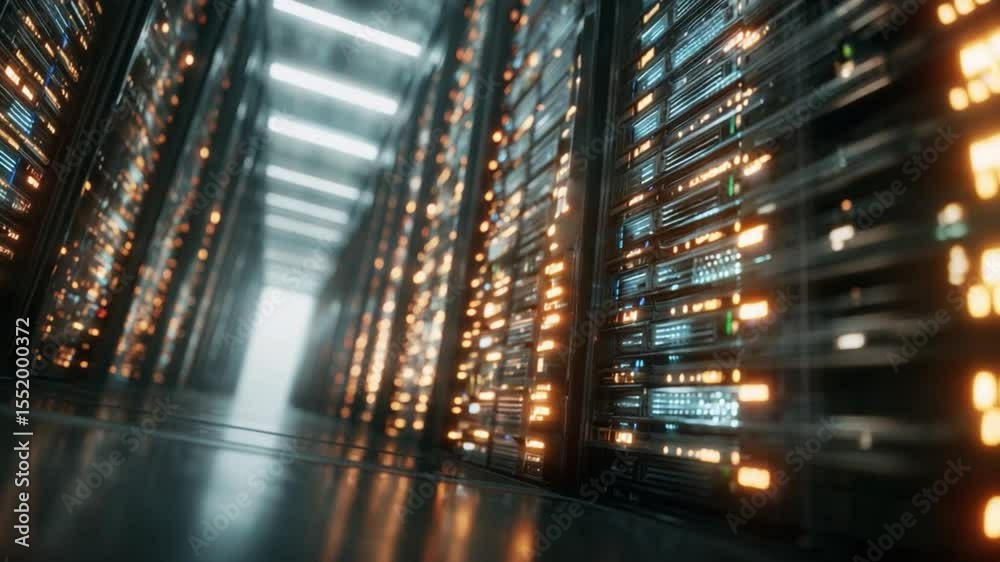 Poster Data Center Realm: Experience a stunning view of an expansive data center, rows upon rows of server racks glowing with information and network activity.