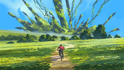 A person on a bicycle rides toward a surreal, massive alien-like structure sprouting tendrils in the middle of a green landscape., digital art style, illustration painting