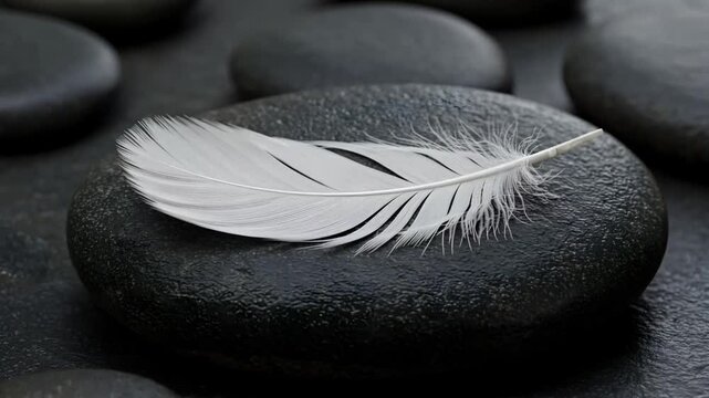 White feather resting on smooth black stones in tranquil setting  